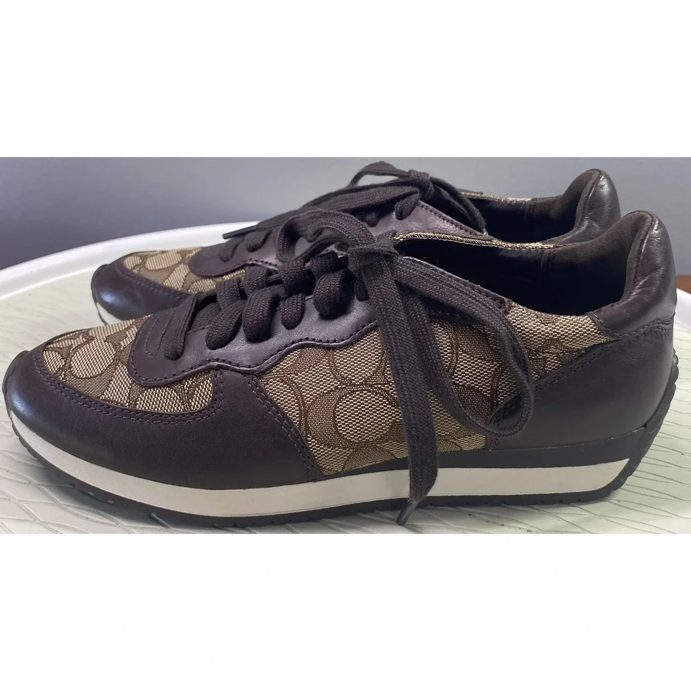 COACH‎ Farah Womens Casual Leather Shoes Nappa Sig C brown Khaki US Sz.6B EUC